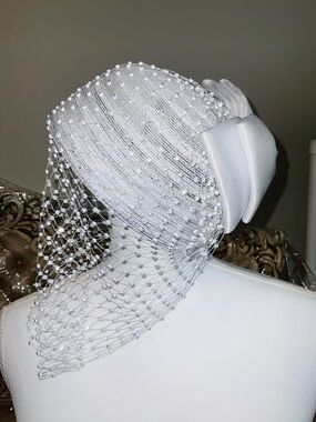 White Beaded Birdcage Veil Fascinator Headpiece